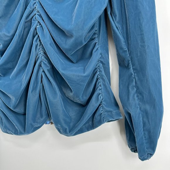 Tyler McGillivary Velvet Wave Blouse Top S Ruched Long Sleeves Backless Blue - Picture 7 of 10